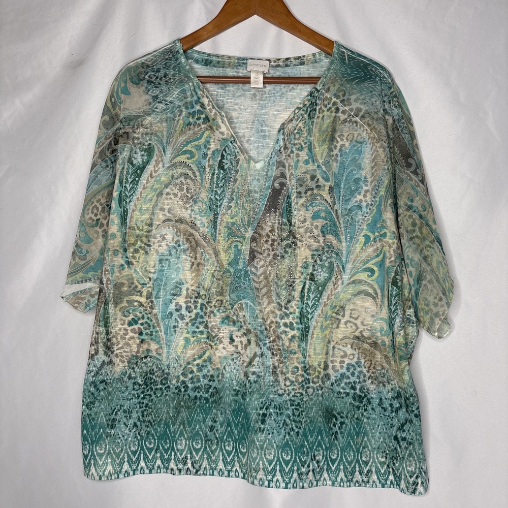 Chicos Women's 3 (16) V-neck Sequin Top‎ Paisley Animal Print Teal Green Tan